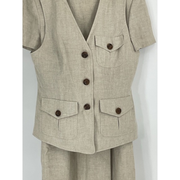 Maggy London Women 10 Dress Vest Set 100% Linen Beige Button Front - Picture 2 of 16